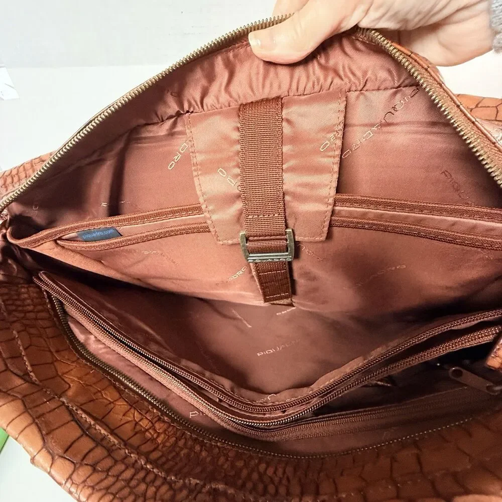 Piquadro Croc-Embossed Italian Leather Laptop Tote Briefcase Expandable Fits 14”